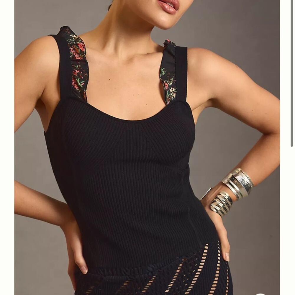 Maeve for Anthropologie Black Ruffle Strap Tank XXS Knit Floral Spring Women's